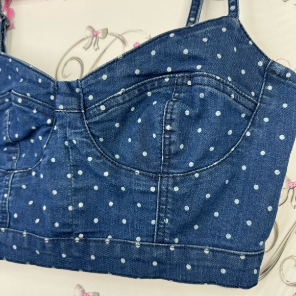 Garage polka dot denim jean crop top bustier style tank top blue white fitted - Picture 4 of 7